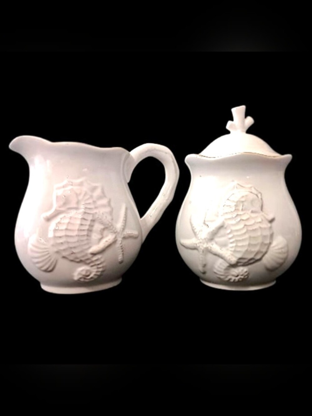 Blue Sky White Seahorse Cream Sugar‎ Set Coastal Beach House Creamer Ceramic
